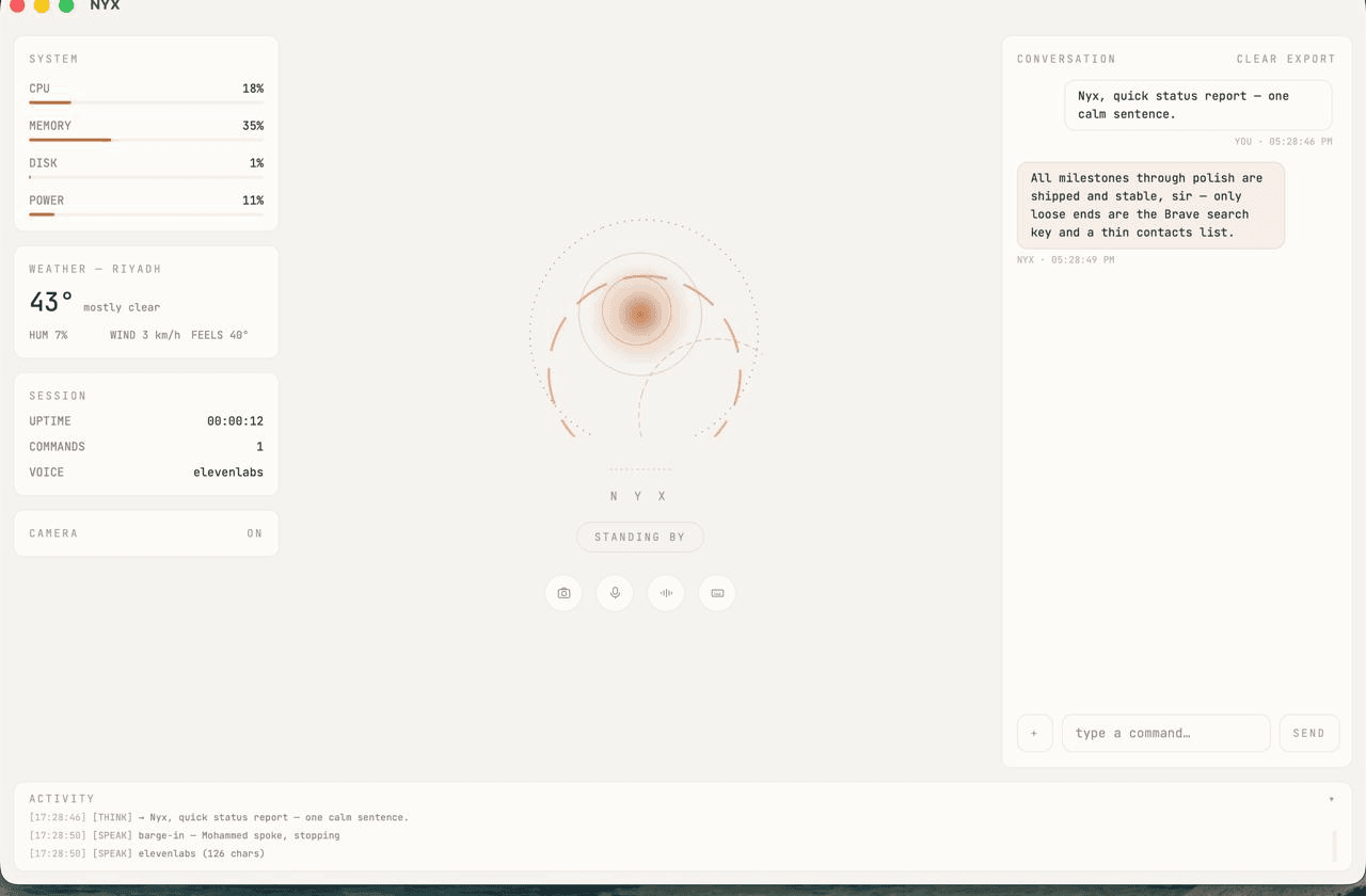NYX HUD — paper theme with the status orb and conversation panel