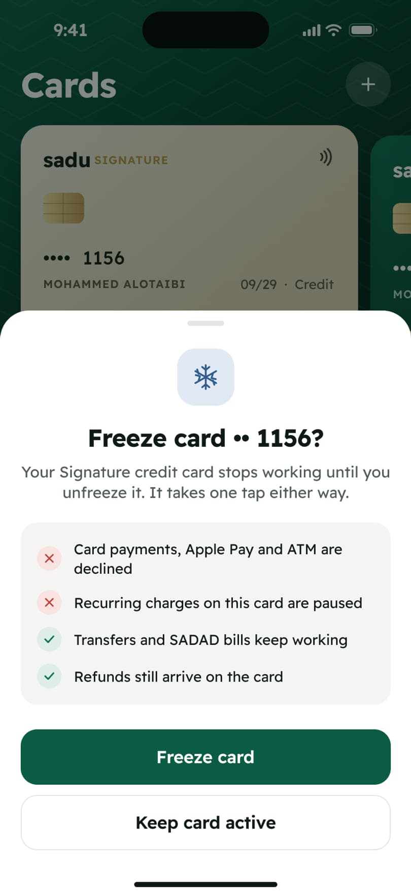 Freeze card: the sheet lists what stops and what keeps working before you confirm