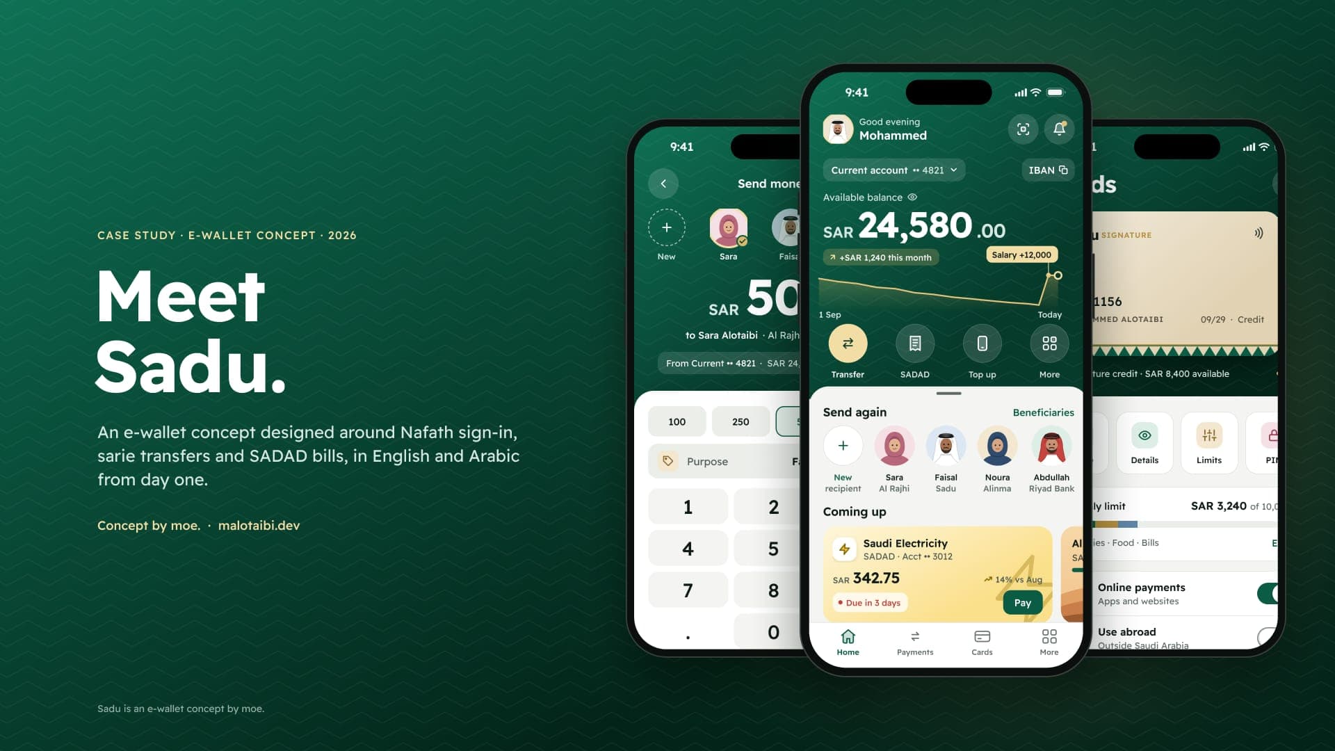 Hero mockup: the Send money, Home and Cards screens on three phones over the Sadu-textured green