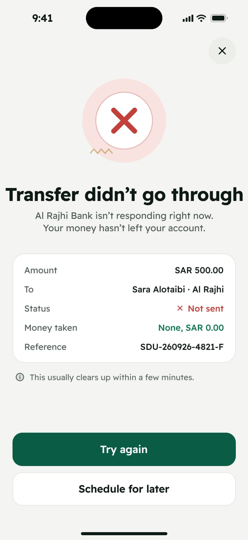 Transfer failed: what happened, that no money moved, and a retry