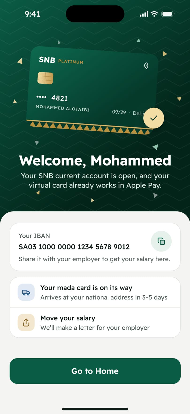 Account ready: the confirmation screen at the end of the four-step onboarding