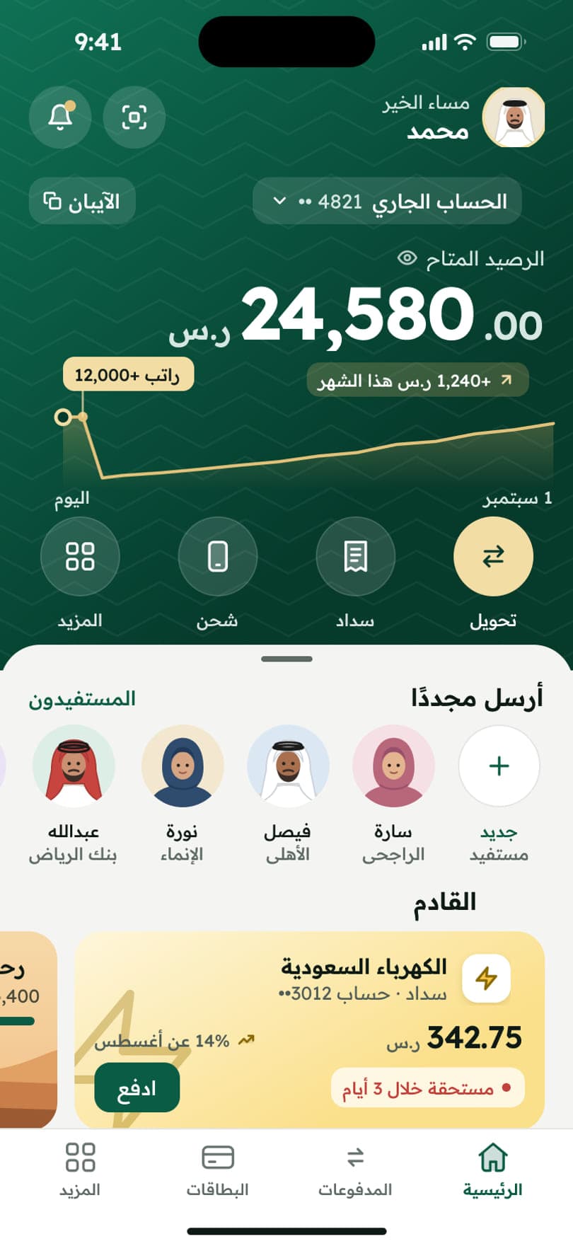 Arabic Home: mirrored layout, Home tab on the right, numbers left to right