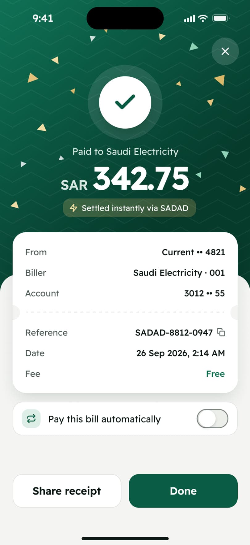 Bill paid: confirmation with the SADAD reference
