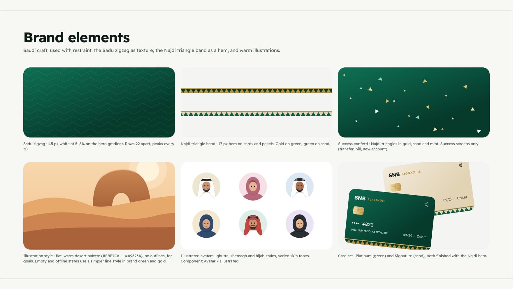 Brand elements: Sadu zigzag, Najdi triangle band, success confetti, illustration style, illustrated avatars and card art