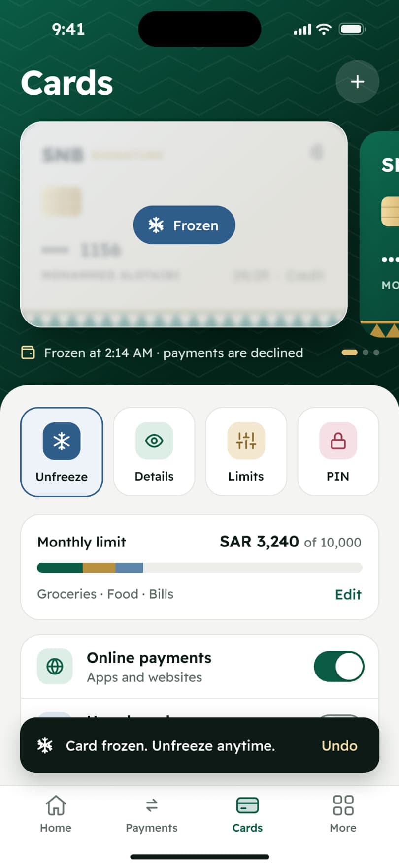 Card frozen: the frozen state with a one-tap Undo