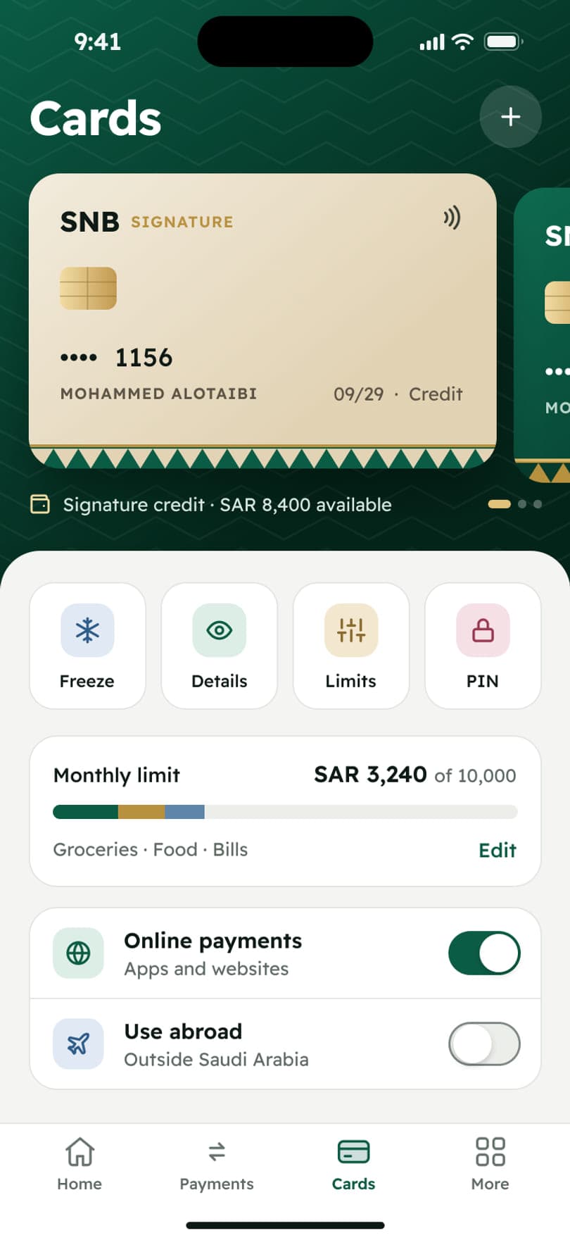 Cards: the Platinum card, freeze, limits, PIN and details actions, and card controls
