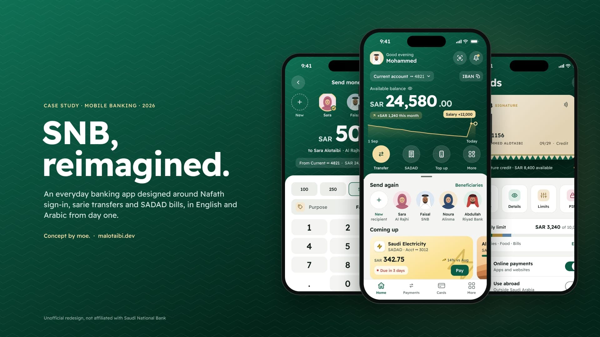 Hero mockup: the Send money, Home and Cards screens on three phones over the Sadu-textured green