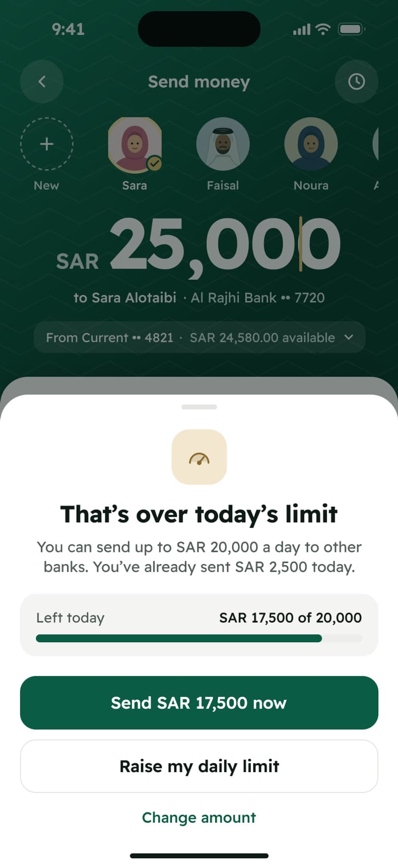 Over limit: the amount exceeds the daily limit, with the remaining limit and what to do next