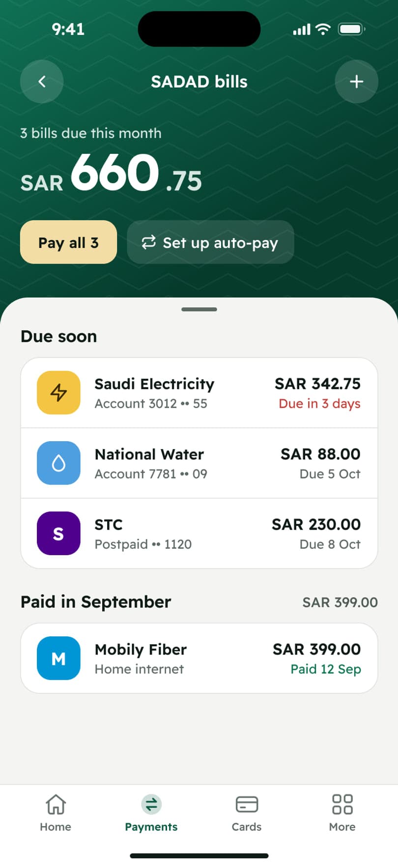 SADAD bills: billers with amounts due and auto-pay status