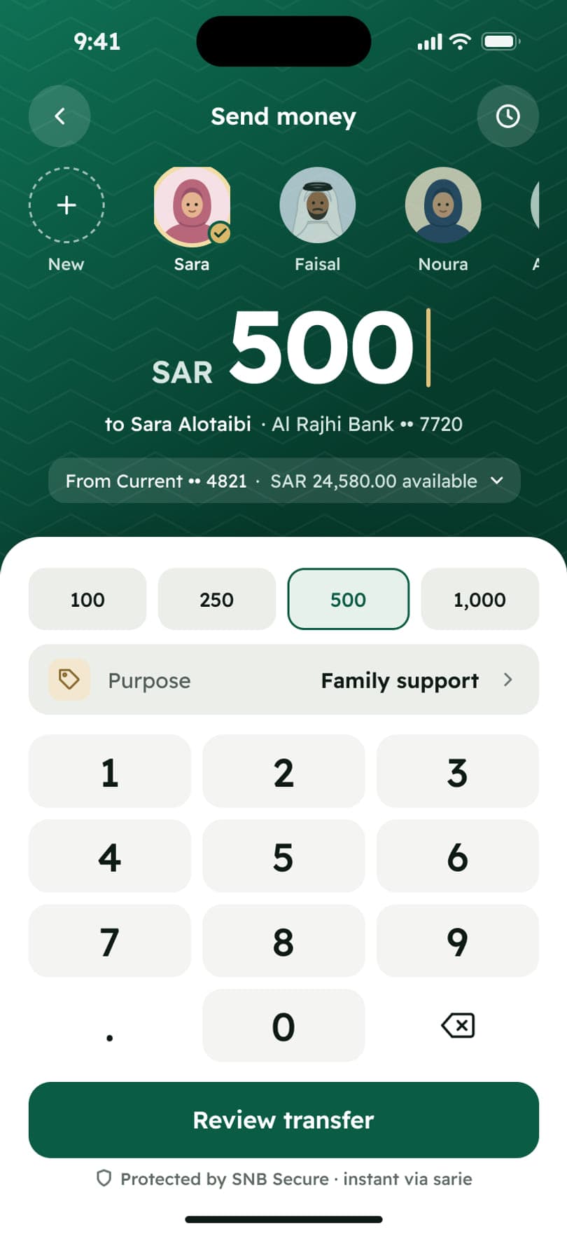 Send money: recipients, SAR 500 amount over the Sadu green hero, purpose row and keypad