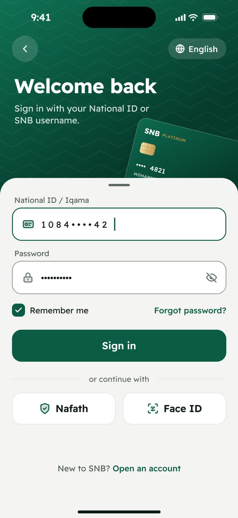 Sign in: SNB card art over the green hero, “Send, pay and save in seconds”, Sign in and Open an account