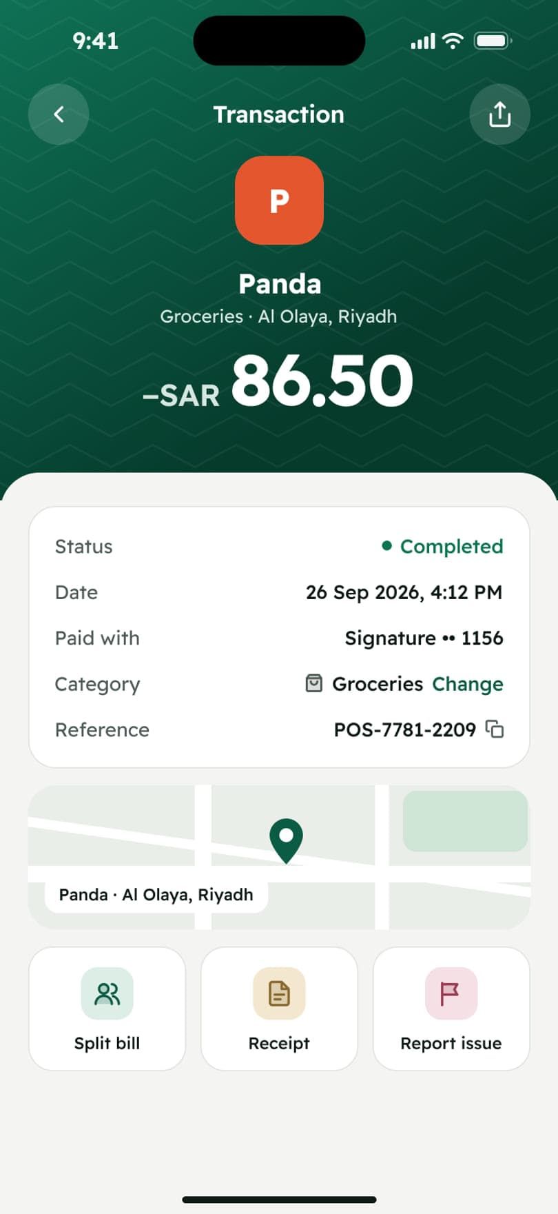 Transaction detail: merchant mark, amount, and the split-bill and report-a-problem actions