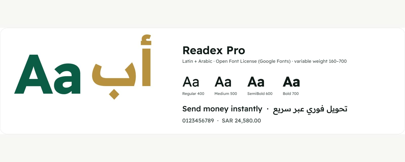 Typeface specimen: Readex Pro for Latin and Arabic