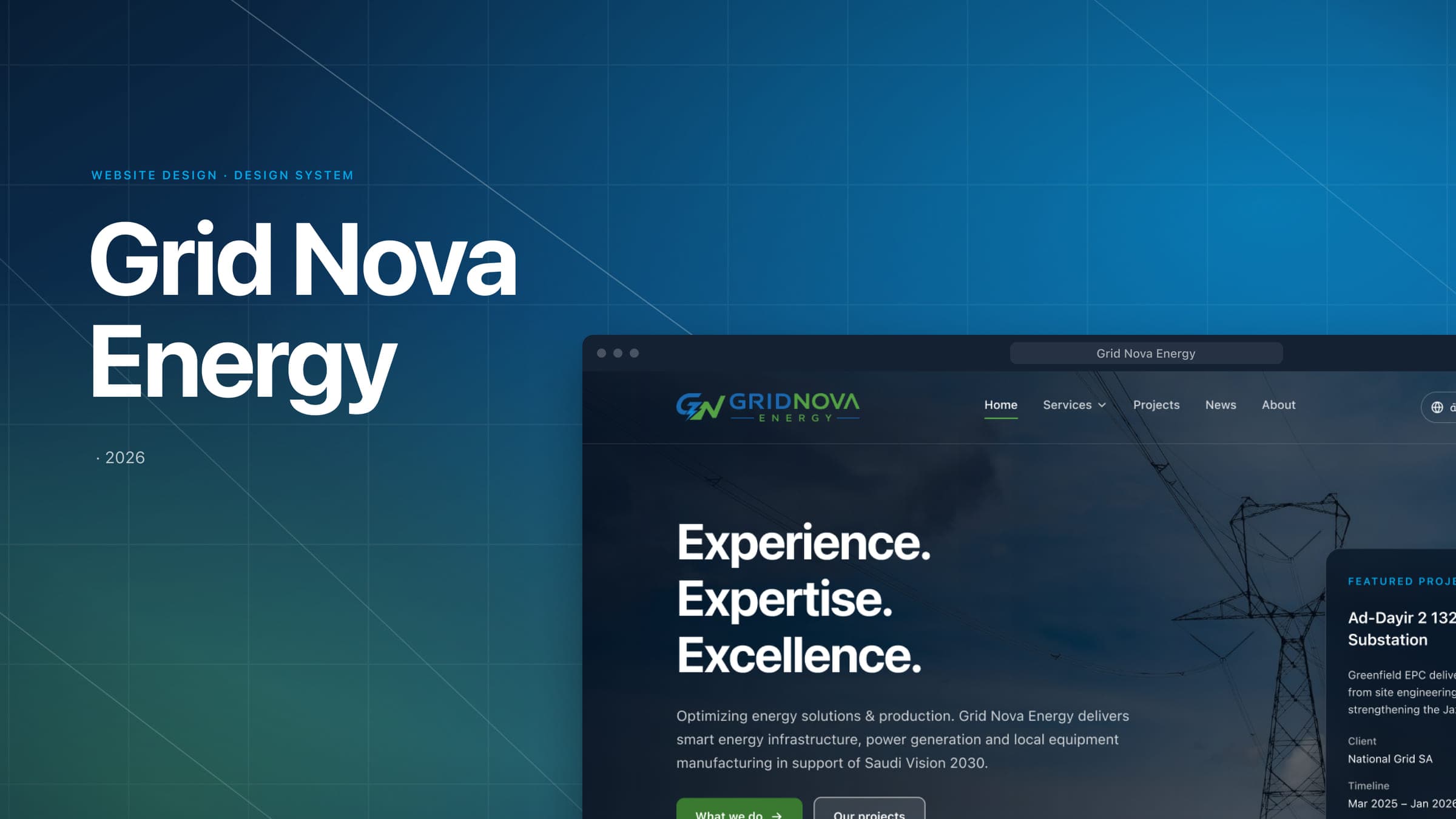 Grid Nova cover: the Grid Nova Energy wordmark and title beside the website hero in a browser frame, on a deep blue backdrop