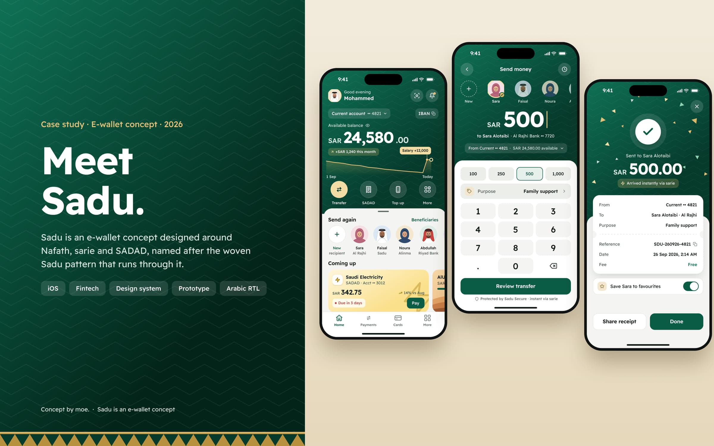 Meet Sadu cover: the title on a Sadu-textured green panel beside the Home, Send money and Transfer sent screens on three phones